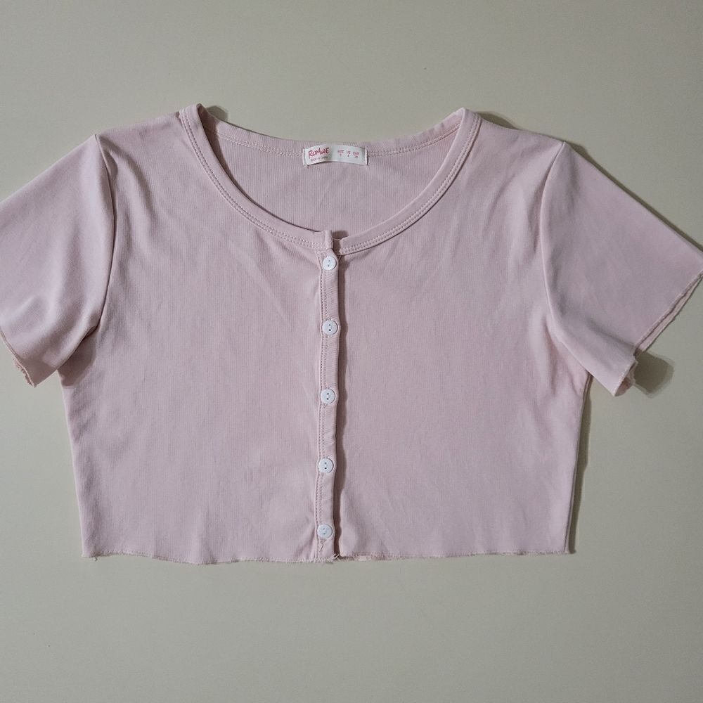 Romwe Pink Cropped Roundneck Short Sleeve Button-Down Shirt